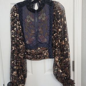 Free People Camille Beaded Gold Flake Open Back Crop Women's Top Size M